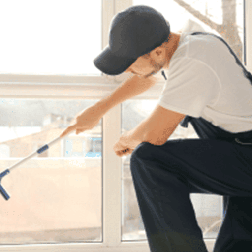 A man wearing overalls and a cap is cleaning a window with a cloth, focused on his task.
